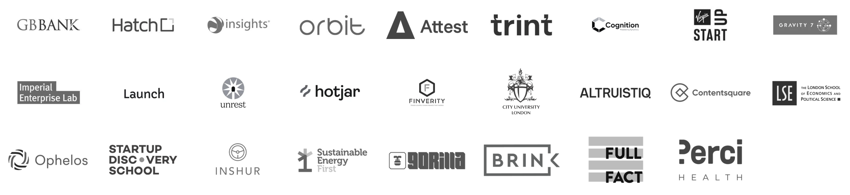Client logos including GB Bank, Attest, Trint, Contentsquare, Hotjar, Cognition, Ophelos, Finverity, Sustainable Energy First, LSE and Imperial Enterprise Lab